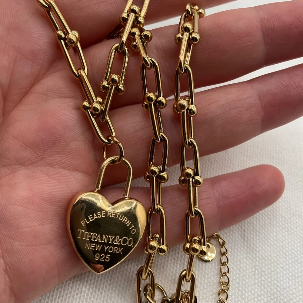 Gold Heart Padlock Link Necklace with Ball-Accented Chain